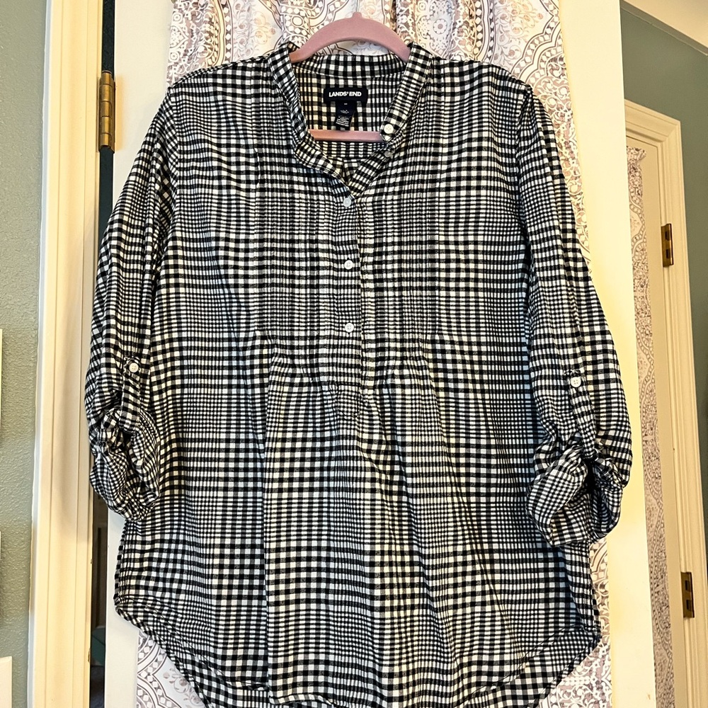 Lands' End Black and White Plaid Shirt